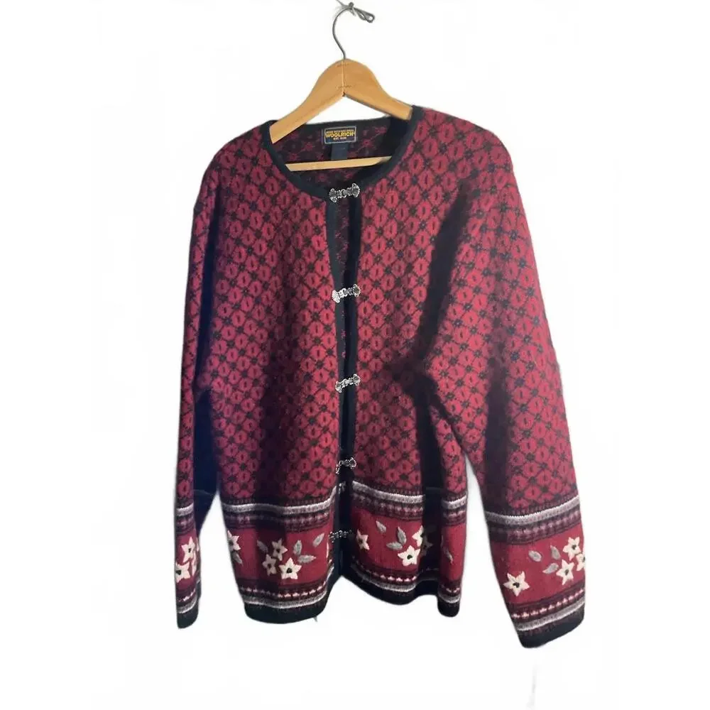 Woolrich Women's Red/Burgundy Embroidered Wool Cardigan Sweater XL - Picture 2 of 9